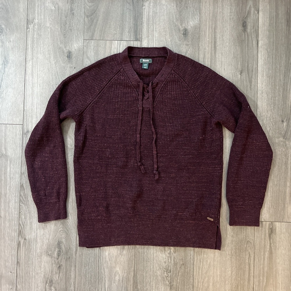 Roots Canada Womens M Knit Sweater Pullover V-Neck Lace Up Burgundy